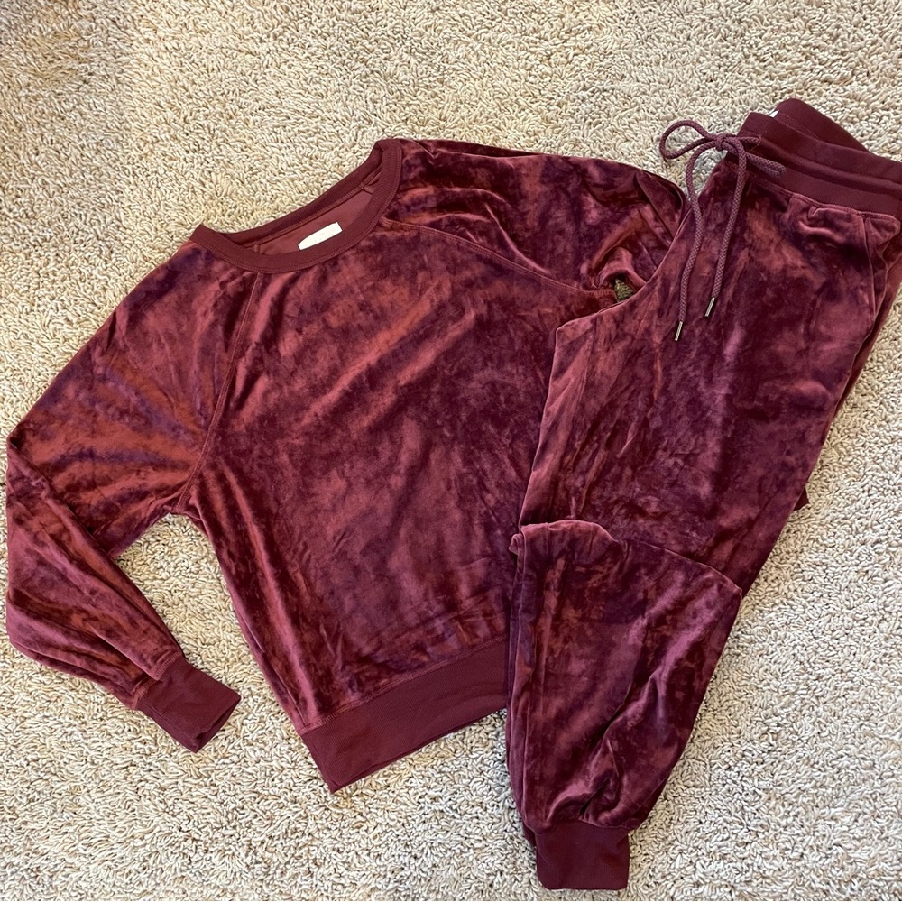 Lou & Grey Velour Sweatpants Pullover Lounge Jogger Set Maroon Medium